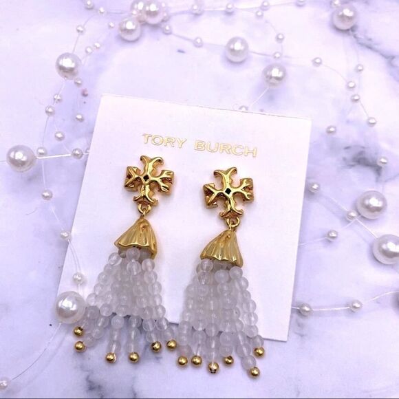 NWOT Tory Burch Gold Roxanne, White Beaded Dangle Stud Earings - Picture 5 of 9